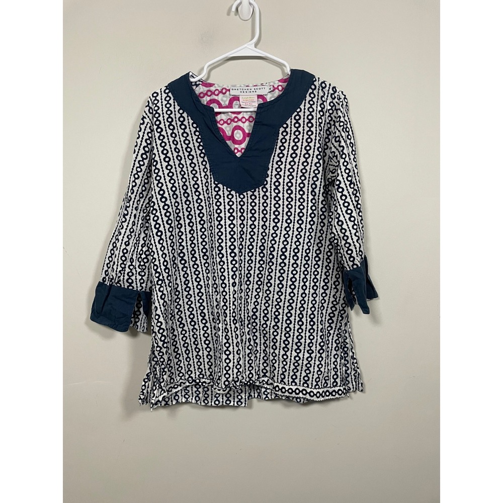 Gretchen‎ Scott Designs Tunic Top Navy and White Geometric Print Size Medium